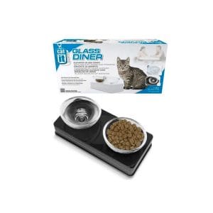 COMEDERO VIDRIO ELEVADO DOBLE BASE NEGRO CATIT