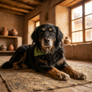 Firefly Gemini Flash A large elderly dog with long thick black fur and golden brown markings on the paws 317683